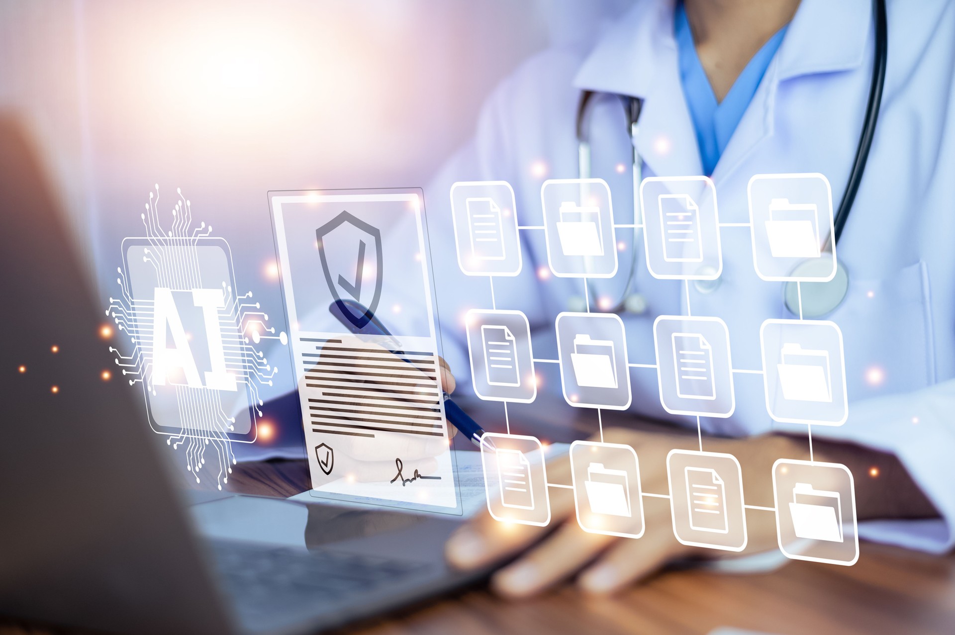 Doctor AI, artificial intelligence in modern medical technology and IOT automation. Doctor using AI document management concept.